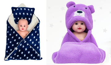 CTMKIDS Baby Wrap with Cushion Cap for Kids 74x84 cm  Navy Blue & Baby Hooded Cum Wrap Blanket for Kids 92x66 cm  Purple