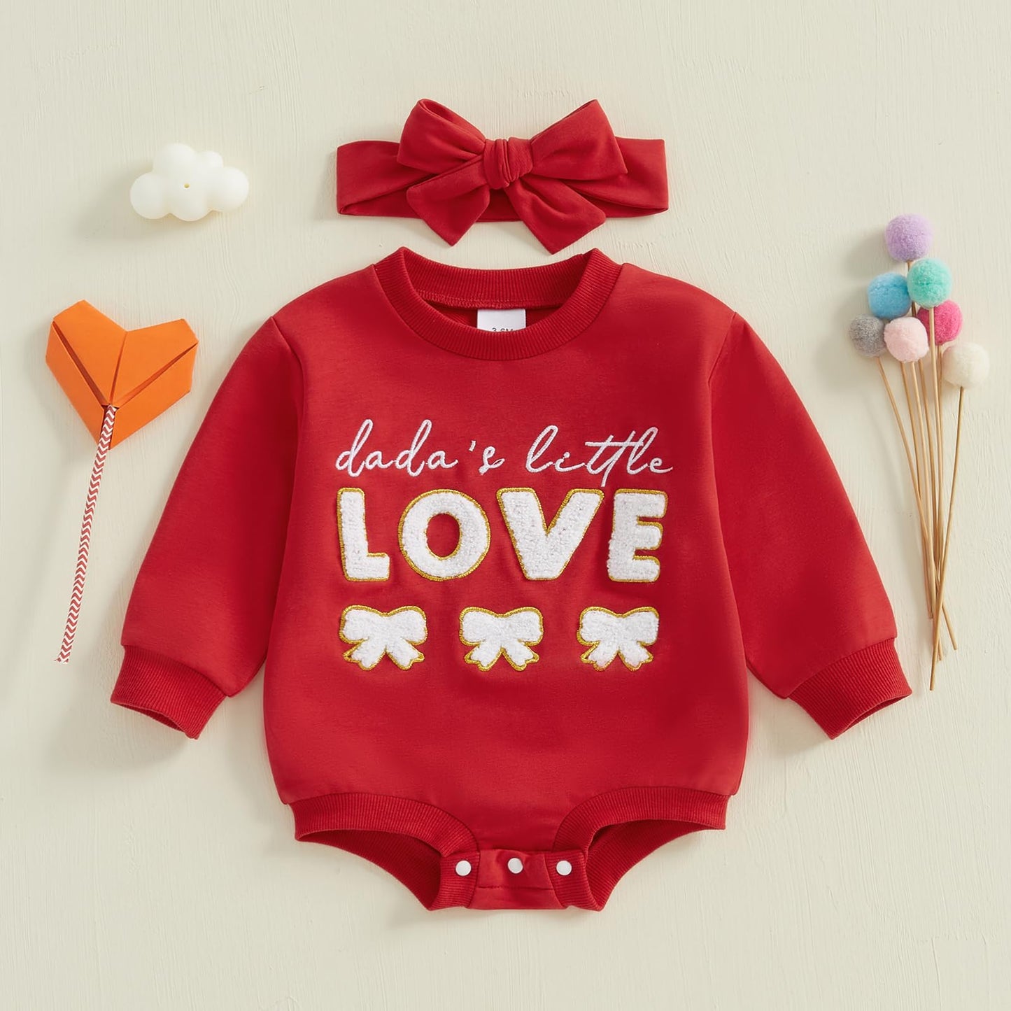 Lagkiyoj Newborn Baby Girl Valentines Day Outfit Letter Embroidery Oversized Sweatshirt Bubble Romper Infant Spring Clothes