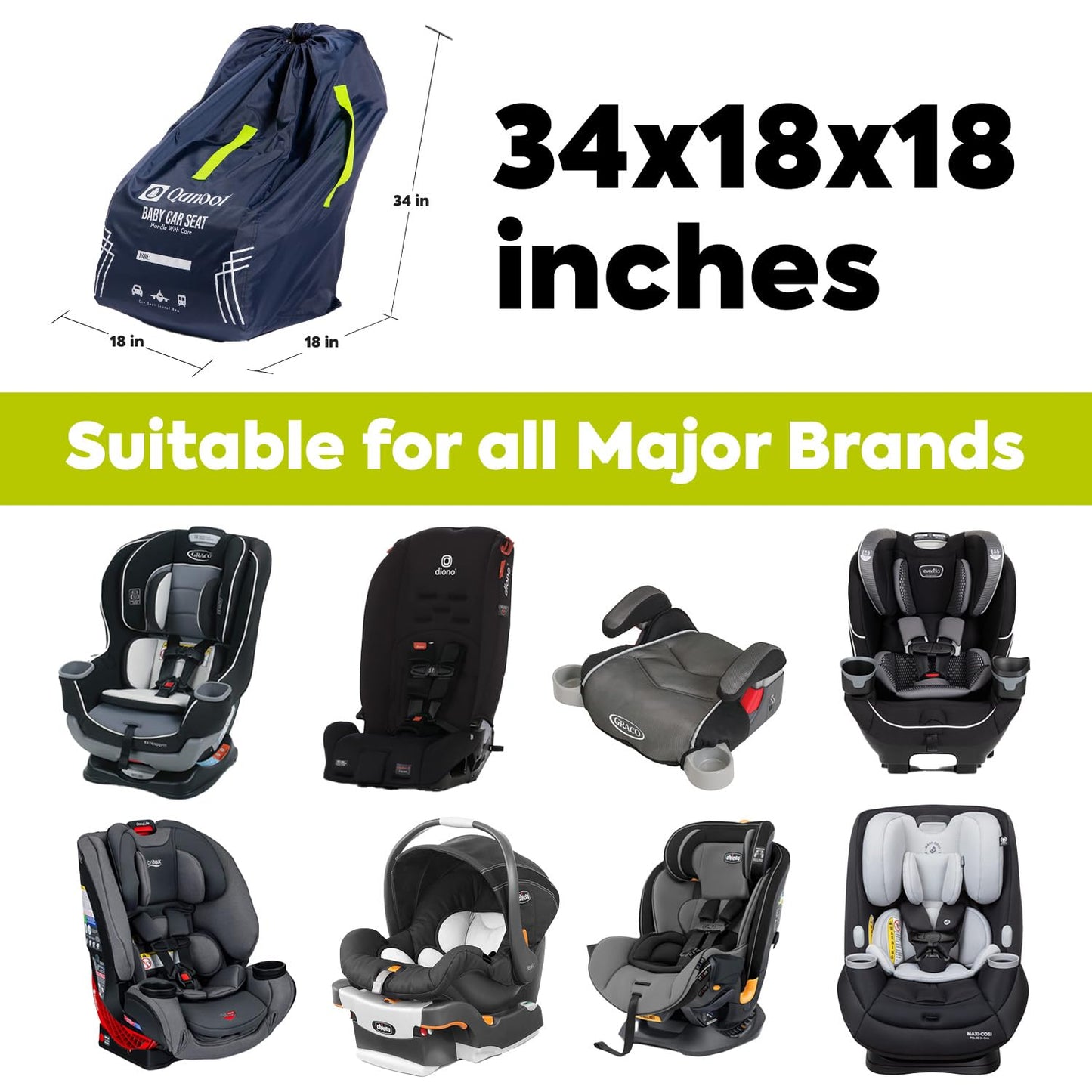 Qanoot Car Seat Travel Bag For Airplane - Durable Hand Carry Style Car Seat Bag, Car Seat Bags For Air Travel, Fits Convertible,