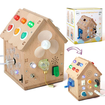 Dinhon Sound and Light Busy House Wooden Montessori Busy Board, Light Switch Games Toddler Sensory Toys Montessori Toys for 3+ Y