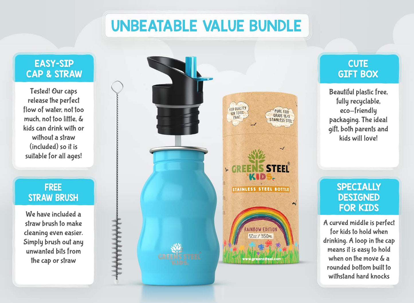 Kids Water Bottle With Straw & Handle, 12 Oz Blue - Eco Friendly Toddler Cups With Straws - Easy Sip Metal Water Bottle For Kids