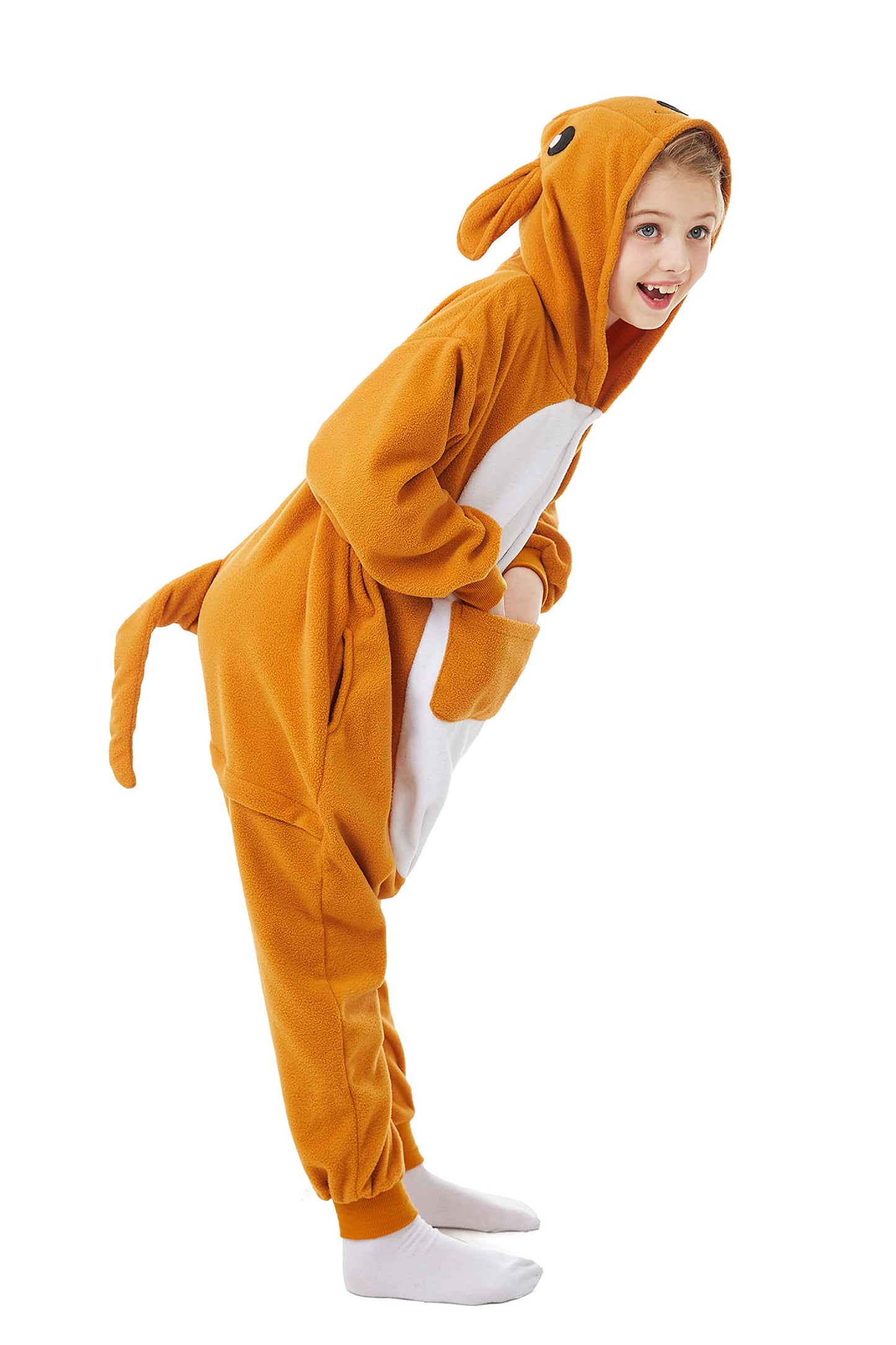 Canasour Kangaroo Onesie Halloween Kids Cosplay Costume For Girls Animal Unisex Outfuit One Piece Hooded Soft Pajamas Orange Par