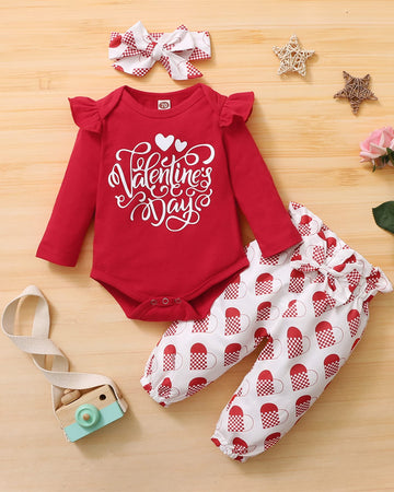 Baby Girl Valentines Day Outfit Infant Valentines Romper Shirt Love Heart Pants With Headband Cute Valentine Baby Outfit 3-6 Mon