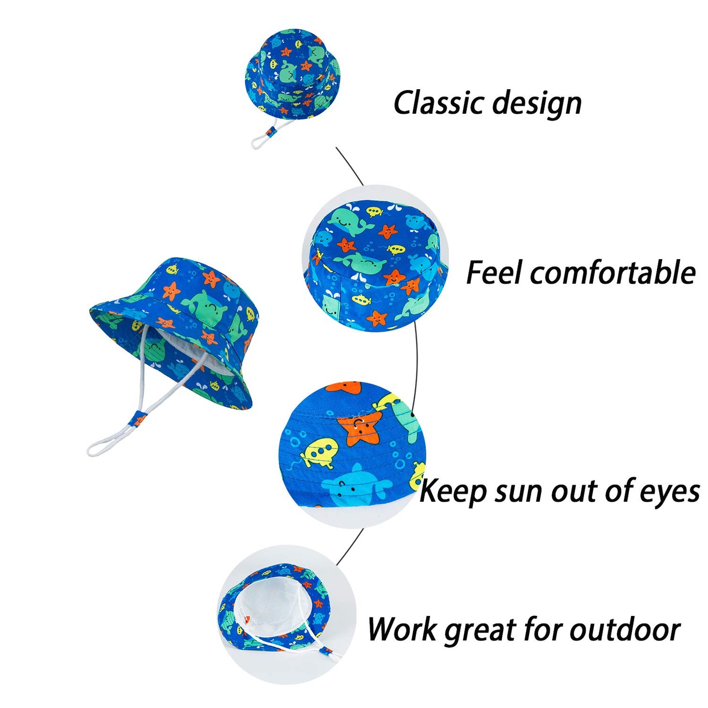Langzhen Sun Protection Hat For Kids Toddler Boys Girls Wide Brim Summer Outdoor Hat Baby Bucket Hat With Chin Strap (Blue-Whale