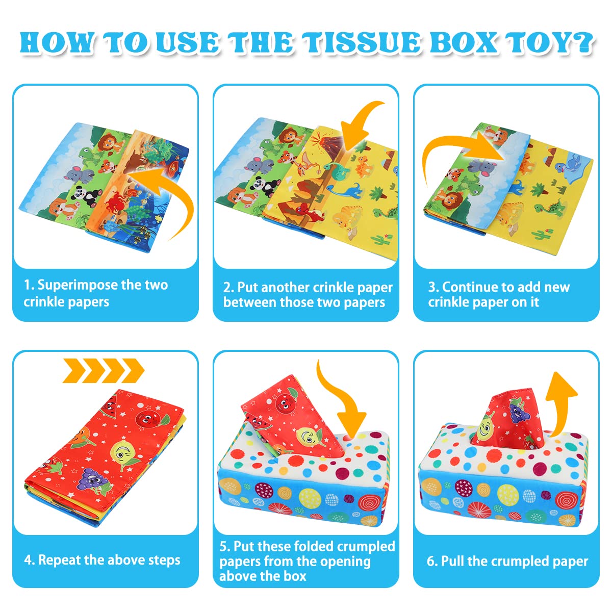 Aiduy Baby Toys 6 to 12 Months - Baby Tissue Box Toys Montessori Toys for Babies 6-12 Months - Soft Crinkle Infant Sensory Toys