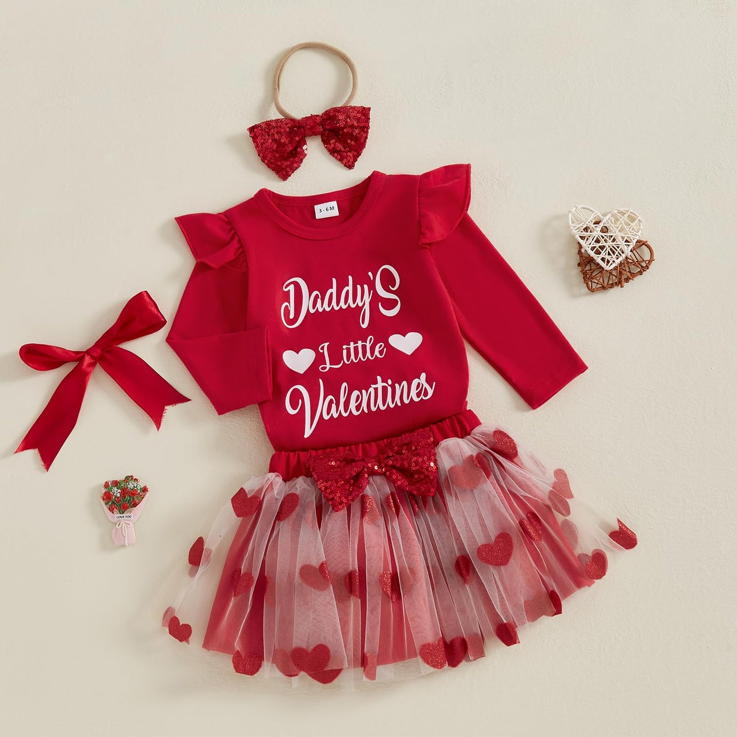 Fybitbo First Valentines Day Baby Girl Outfits Daddys Little Valentine Romper Heart Tutu Skirt Dress Newborn Clothes Set (Red-Da