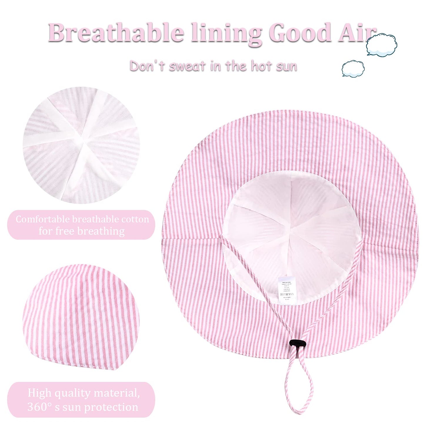 Baby Girl Sun Hat With Upf 50+ Outdoor Adjustable Beach Hat With Wide Brim Bucket Hats (6-12 Months, Pink-Stripe Printing)