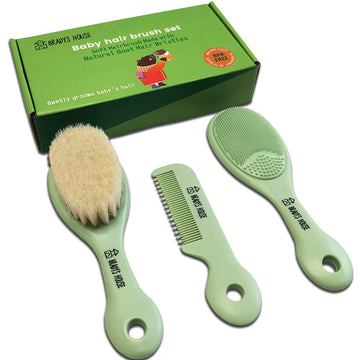 Bradys House - 3 Piece Baby Hair Brush & Comb Set For Newborns- Soft Goat Bristle Hair-Brush, Silicone Bath Brush And Plastic Co