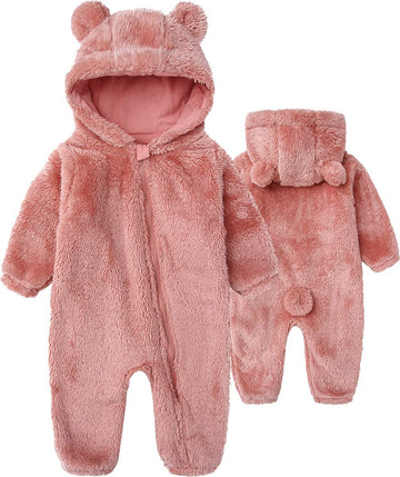 Baby Fleece One Piece Onesie Cute Bear Jumpsuits Winter Hooded Rompers With Zipper Pink 3-6M