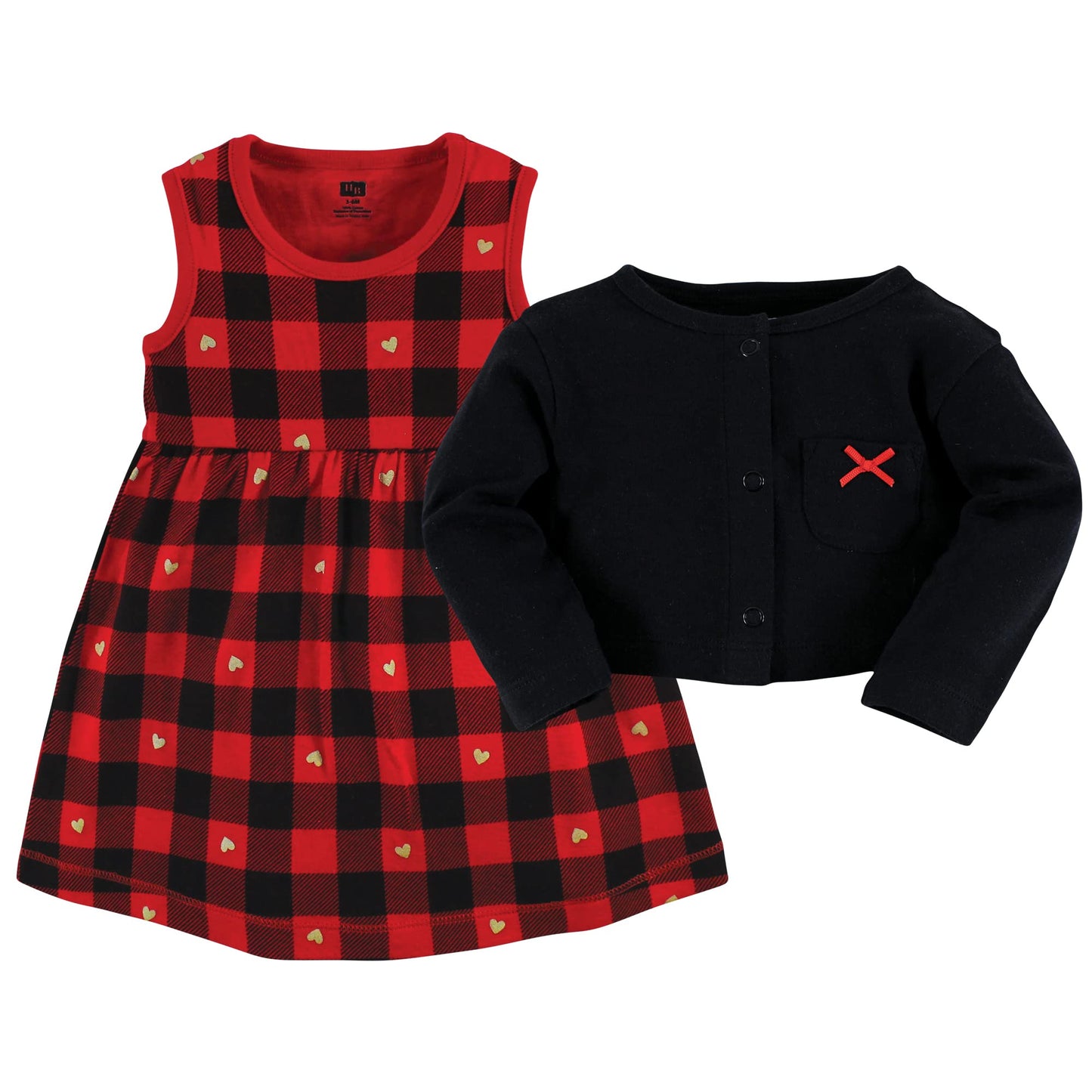 Hudson Baby Baby Girls' Cotton Dress And Cardigan Set, Gold Heart Buffalo Plaid, 6-9 Months