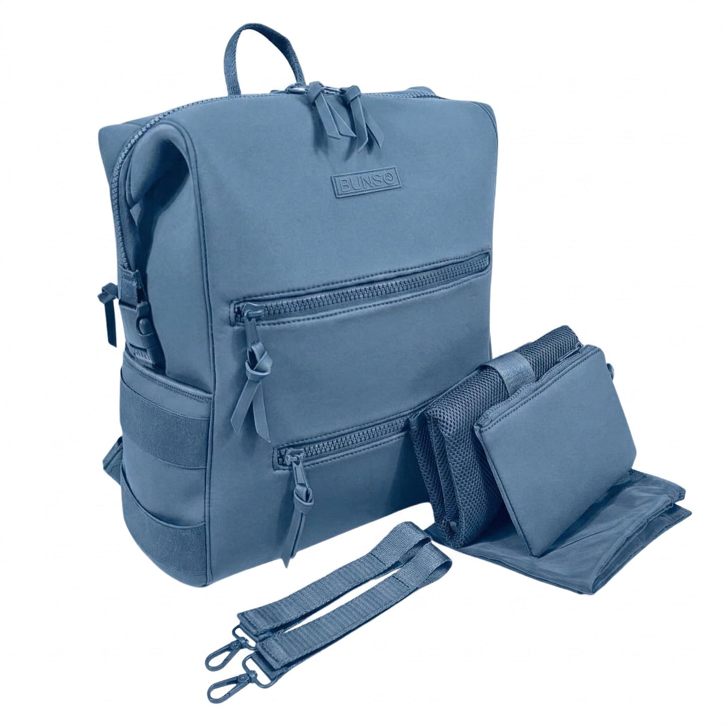 BUNSO Neoprene Diaper Bag - minimalist, water-resistant backpack with pouch, changing pad, and stroller straps. Lightweight unis