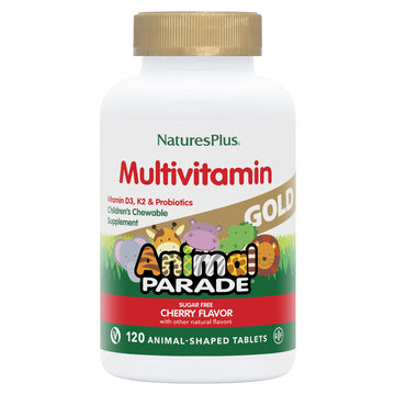 Natures Plus Animal Parade Gold Children'S Chewable Multivitamin - Natural Cherry Flavor - 120 Animal Shaped-Tablets, Pack Of 2