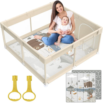 Fodoss Baby Playpen with Mat, Small Baby Play Pen(47x47inch), Playpen for Babies and Toddler (47  47inch Beige with mat)