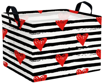 BOOHIT Valentines Day Basket for Kids Heart Shaped Empty Storage Bins for Gifts with Handles Room Decor (Black Dash Red Love)