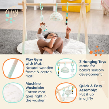 B. Toys- B. Baby- Wooden Baby Play Gym - Activity Mat - Starry Sky - 3 Hanging Sensory Toys - Natural Wood - Babies, Infants