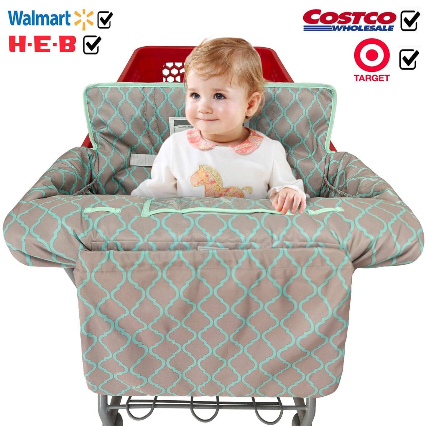 2-In-1 Shopping Cart And High Chair Cover For Baby, Padded Cover, Fold'N Roll Style, Portable With Carry Bag (Gray Grid)