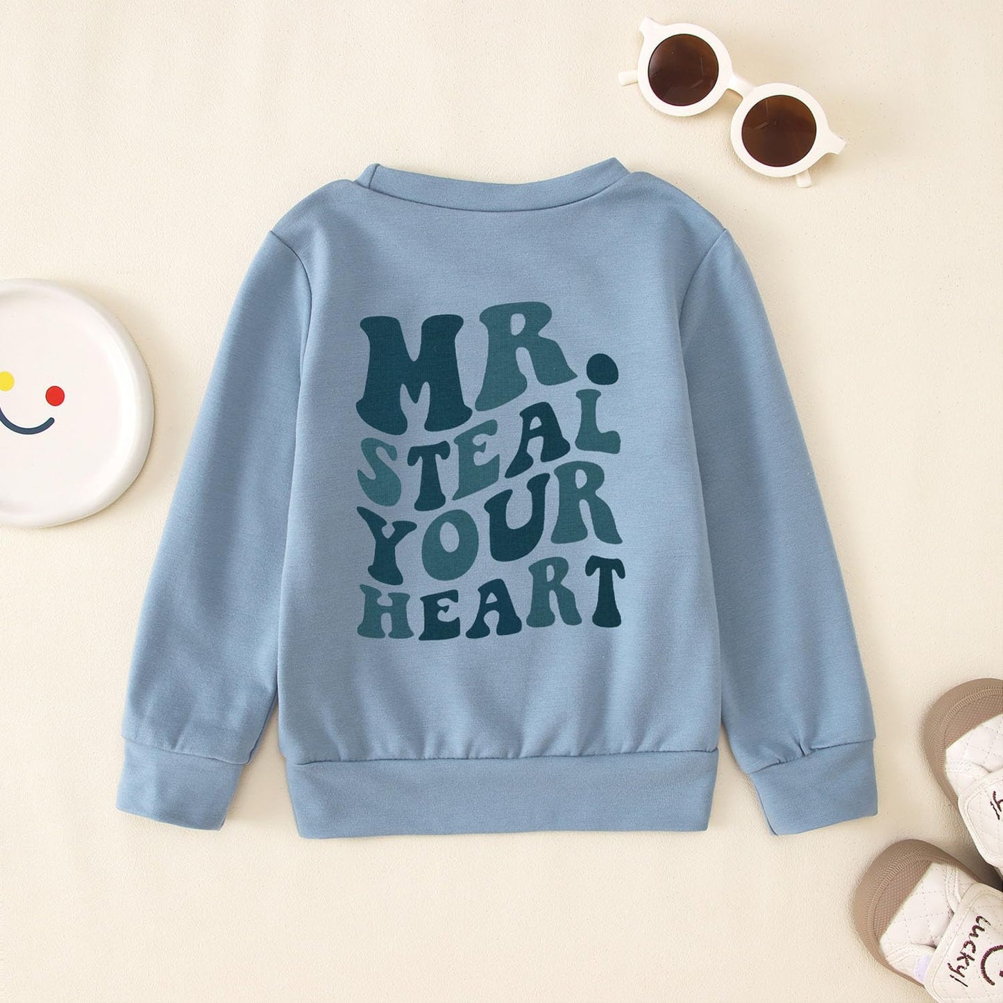 Ritatte Toddler Boy Valentine'S Day Sweatshirt Mr. Steal Your Heart Shirt Kids Valentines Crewneck Long Sleeve Pullover Tops(Blu