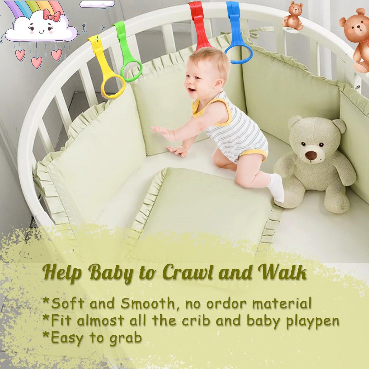 Baby Pull Up Ring Learn To Walk Stand Up Assist, Universal For Baby Playpen Or Crib - 4 Colors