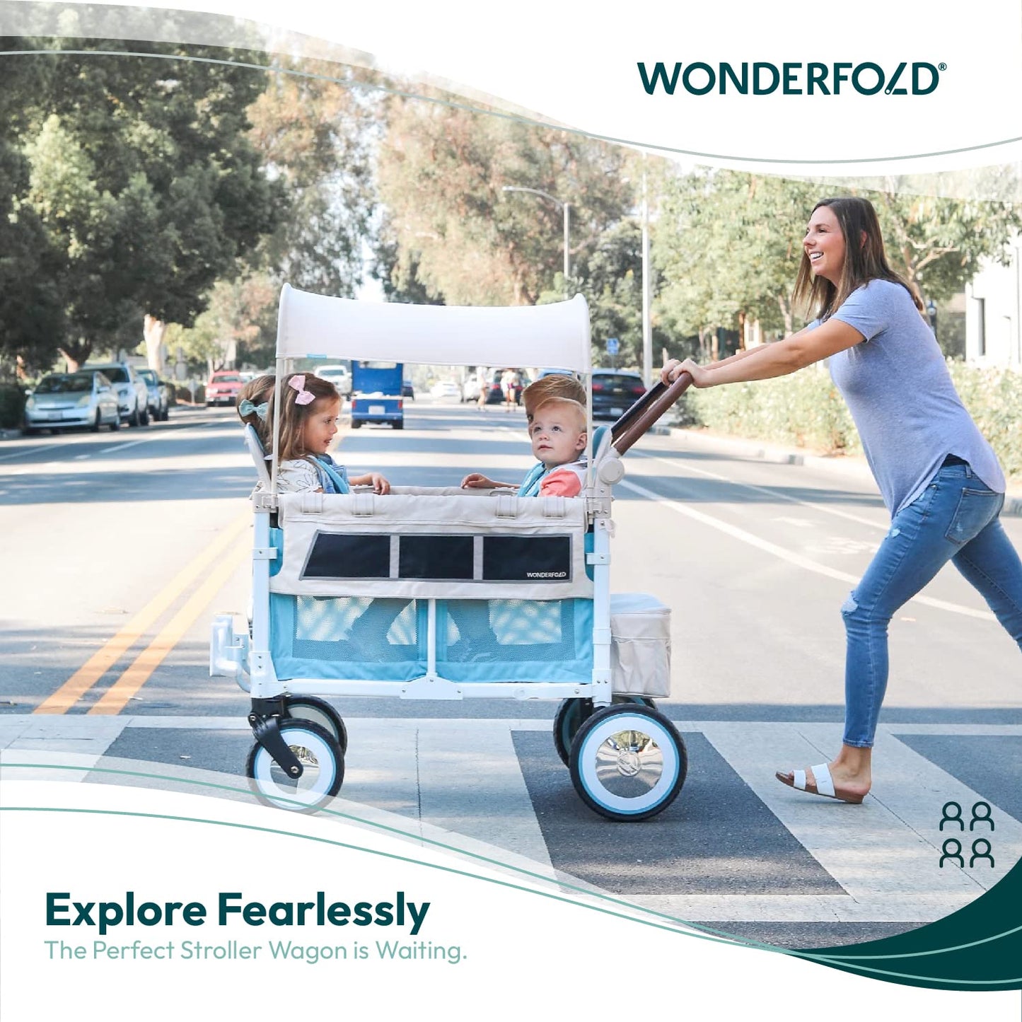 WONDERFOLD Volkswagen Stroller Wagon (4 Seater) - Collapsible Wagon Stroller with VW Bumper, Functioning Headlights, and All-Ter