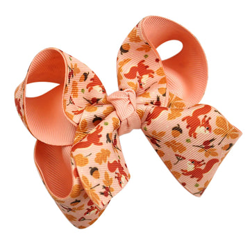 Fall Squirrel Maple Leaves Hair Bows Clip Pink Satin Ribbon Barrettes with Autumn Pinecone 3.4in Big Bow Hairpins Thanksgiving H
