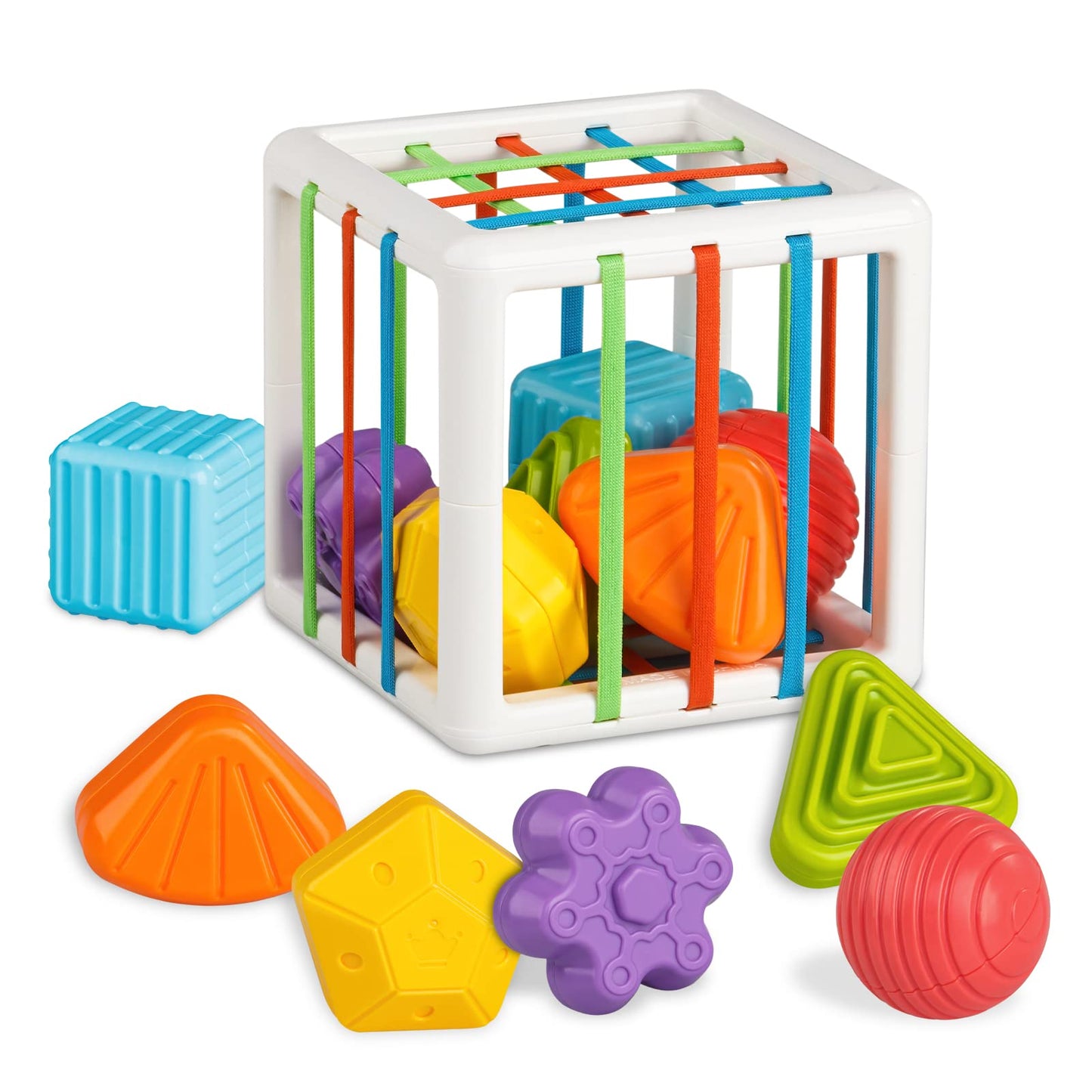 Aprilwolf Montessori Toys for 1 Year Old, Cube Bin & 6 Sensory Shape Blocks, Baby Toys 12-18 Months, Developmental Infant Birthd