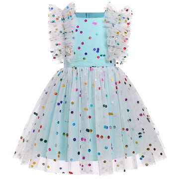Ibtom Castle Baby Girl Blue Dress: Flower Girl Dress Toddler Sequin Birthday Cake Smash Infant Ruffled Polka Dots Embroidered We