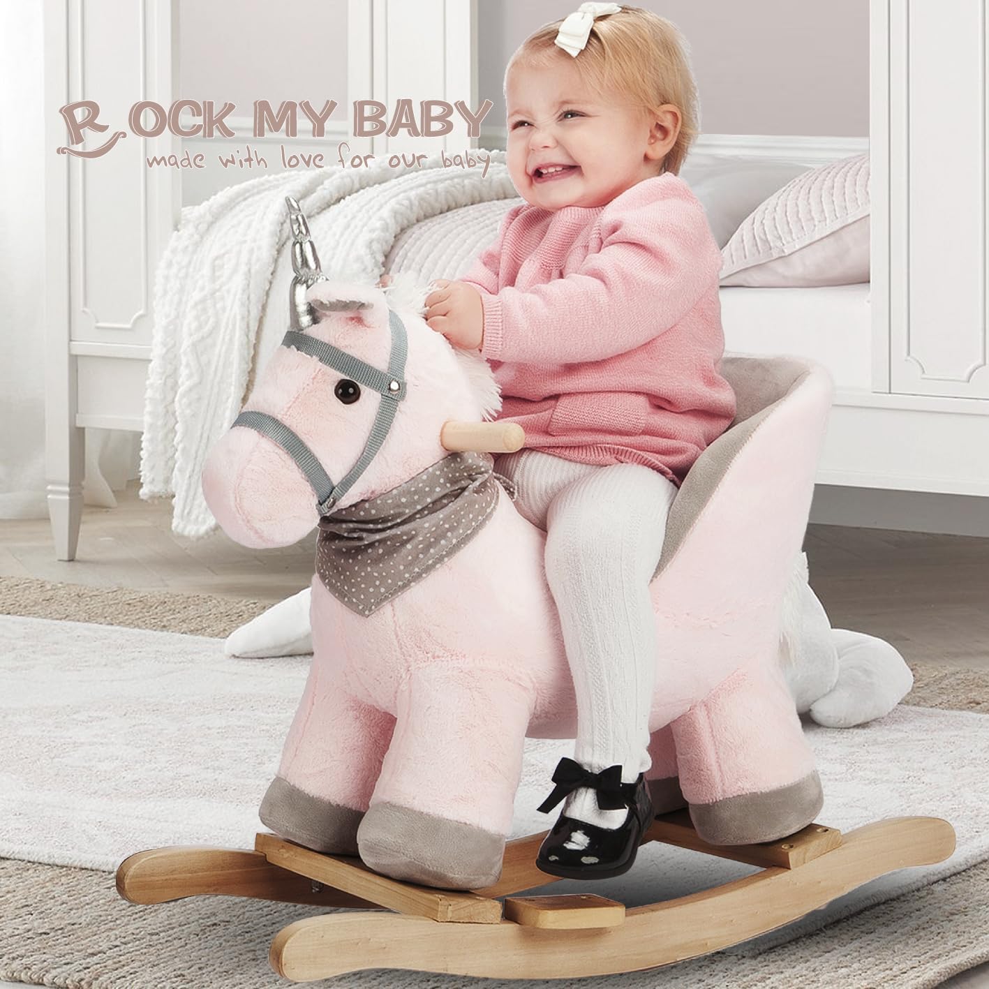 Rock My Baby Rocking Horse with Chair, Pink Unicorn Pony Rocker with Realistic Unicorn Music. Rocking Animal. Wooden Rocking Hor