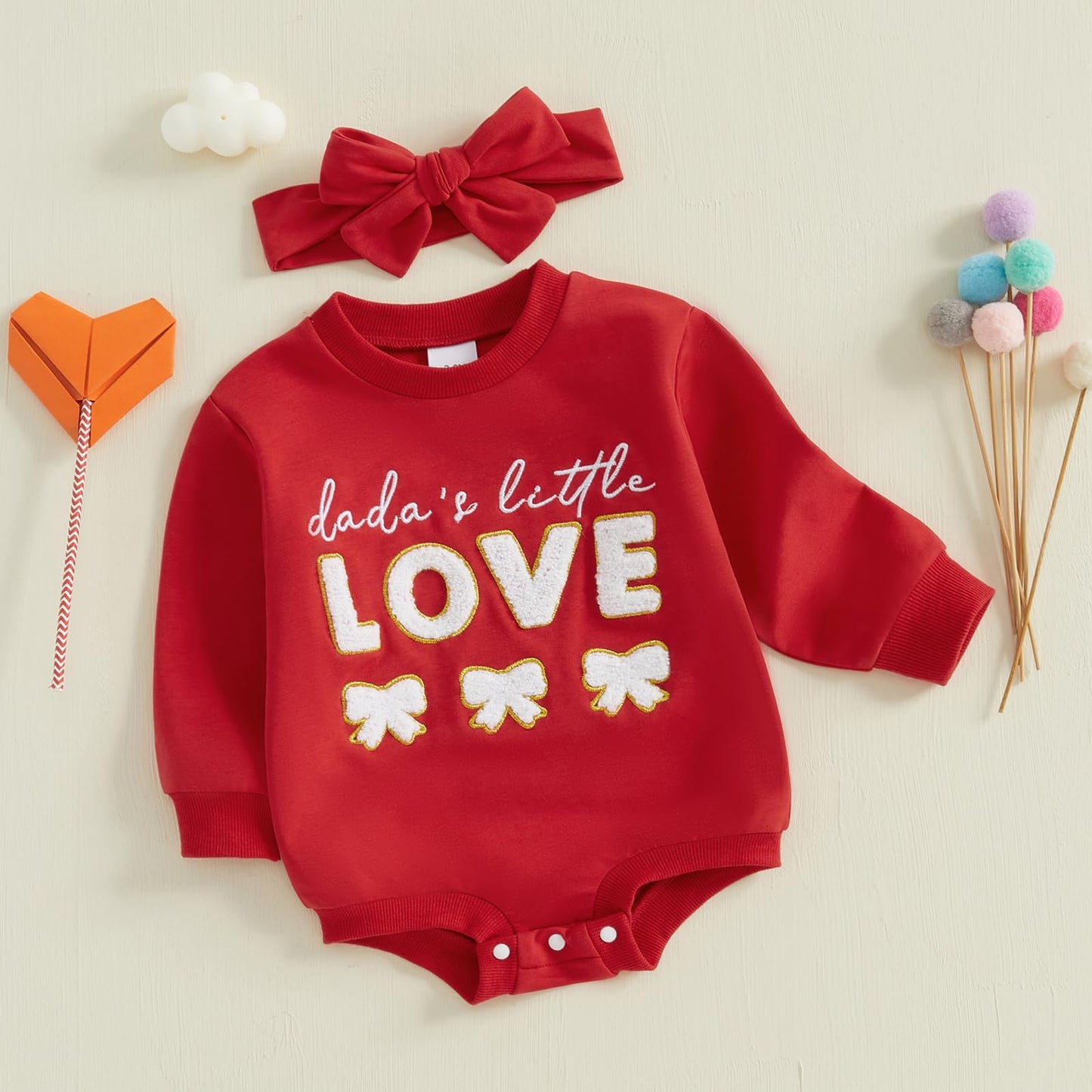 Lagkiyoj Newborn Baby Girl Valentines Day Outfit Letter Embroidery Oversized Sweatshirt Bubble Romper Infant Spring Clothes