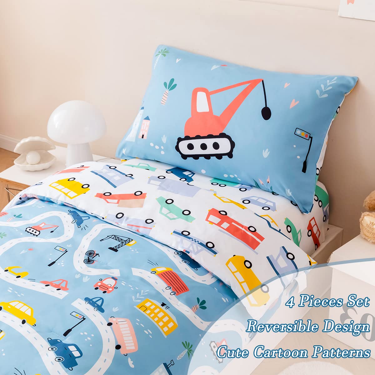 Perfemet 4-Piece Toddler Bedding Set Boys Cars Toddler Comforter With Sheets Reversible Lightweight Blue Vehicles Toddler Bed Se