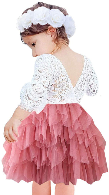 2Bunnies Girl Peony Lace Back A-Line Tiered Tutu Tulle Flower Girl Dress (Dusty Rose Bell Sleeve, 4T)
