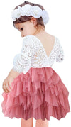 2Bunnies Girl Peony Lace Back A-Line Tiered Tutu Tulle Flower Girl Dress (Dusty Rose Bell Sleeve, 9/10)