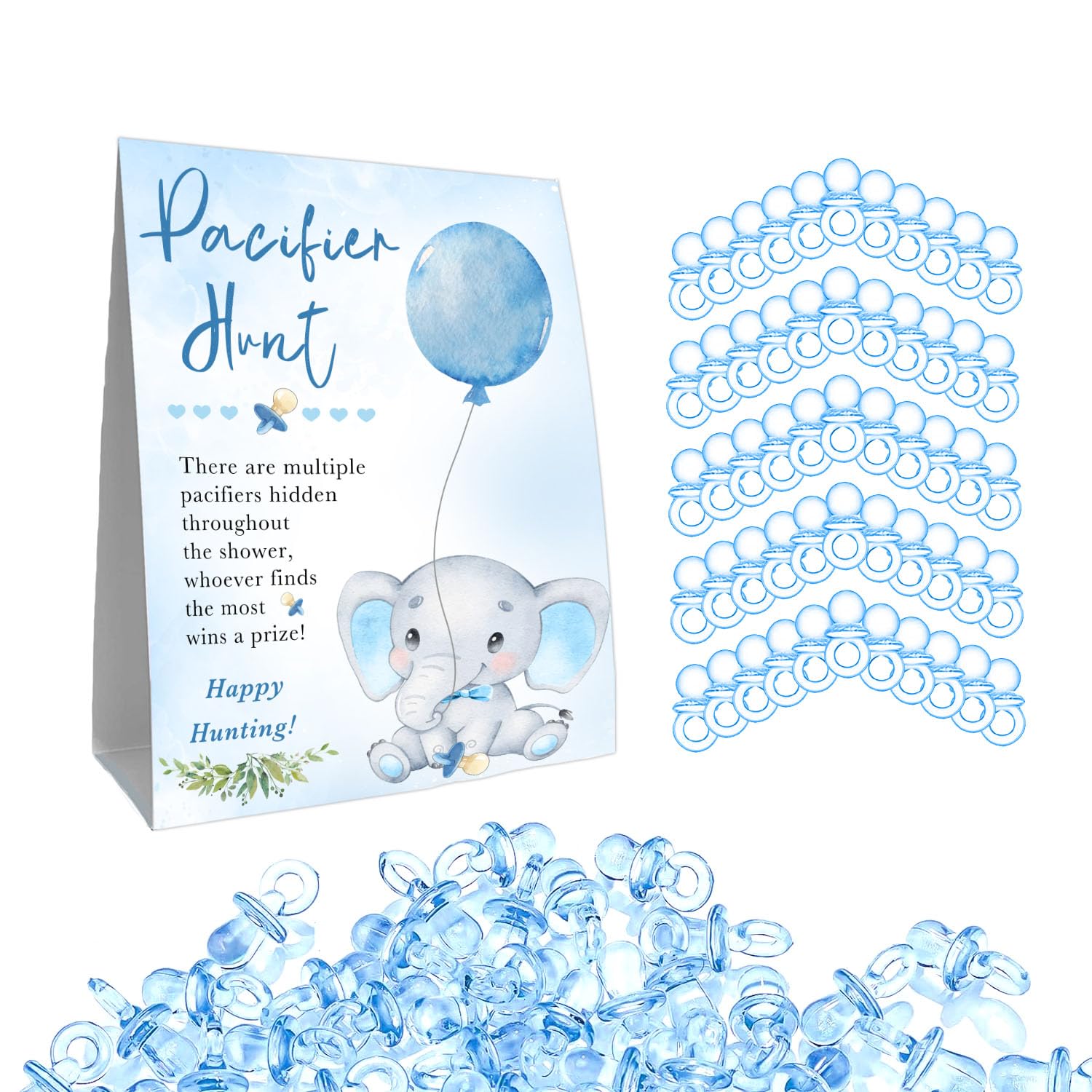Guawubiang 51Pcs Cute Elephant Decor Baby Shower Games, Include Baby Pacifier Hunt Sign And 50 Blue Mini Pacifiers, Mini Pacifie