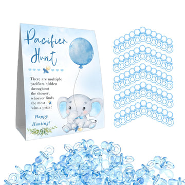 Guawubiang 51Pcs Cute Elephant Decor Baby Shower Games, Include Baby Pacifier Hunt Sign And 50 Blue Mini Pacifiers, Mini Pacifie