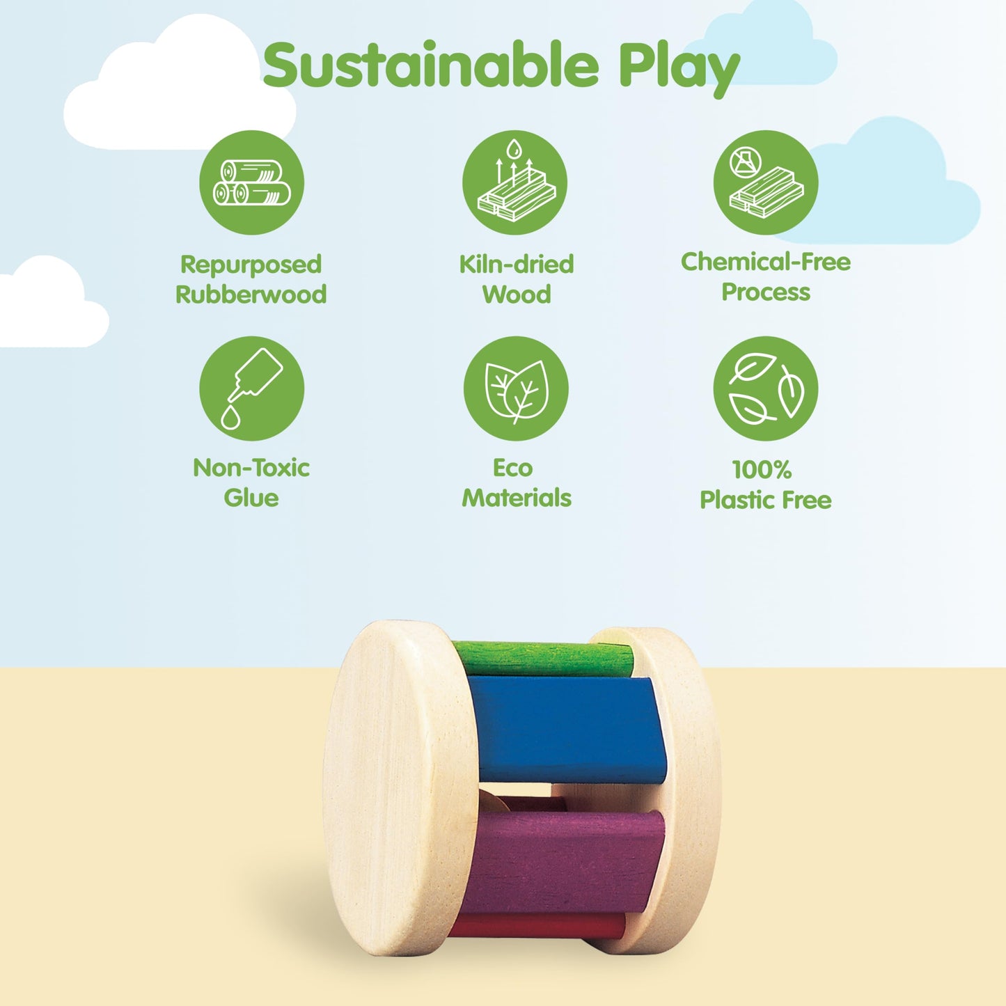 PlanToys Wooden Roller Rattle Toy for Babies | Montessori Baby Sensory Toy with Gentle Sound | Eco-Friendly Crawling & Motor Ski