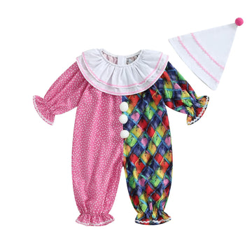Aiwpstoin Toddler Baby Clown Costume Boy Girl Funny Halloween Outfit Contrast Color Long Sleeve Jumpsuit with Hat (Pink, 12-18 M