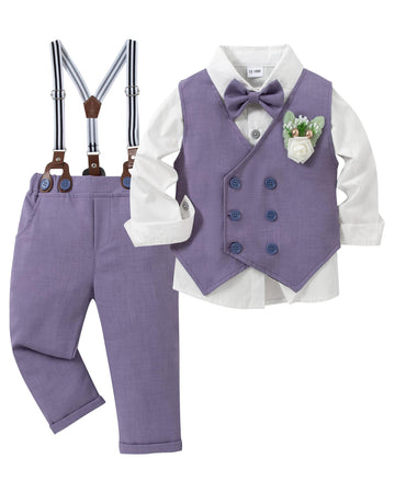 Yallet Toddler Baby Boy Clothes Suit Gentleman Wedding Outfits, Formal Dress Shirt+Bowtie+Vest+Boutonniere+Suspender Pants(V Lig