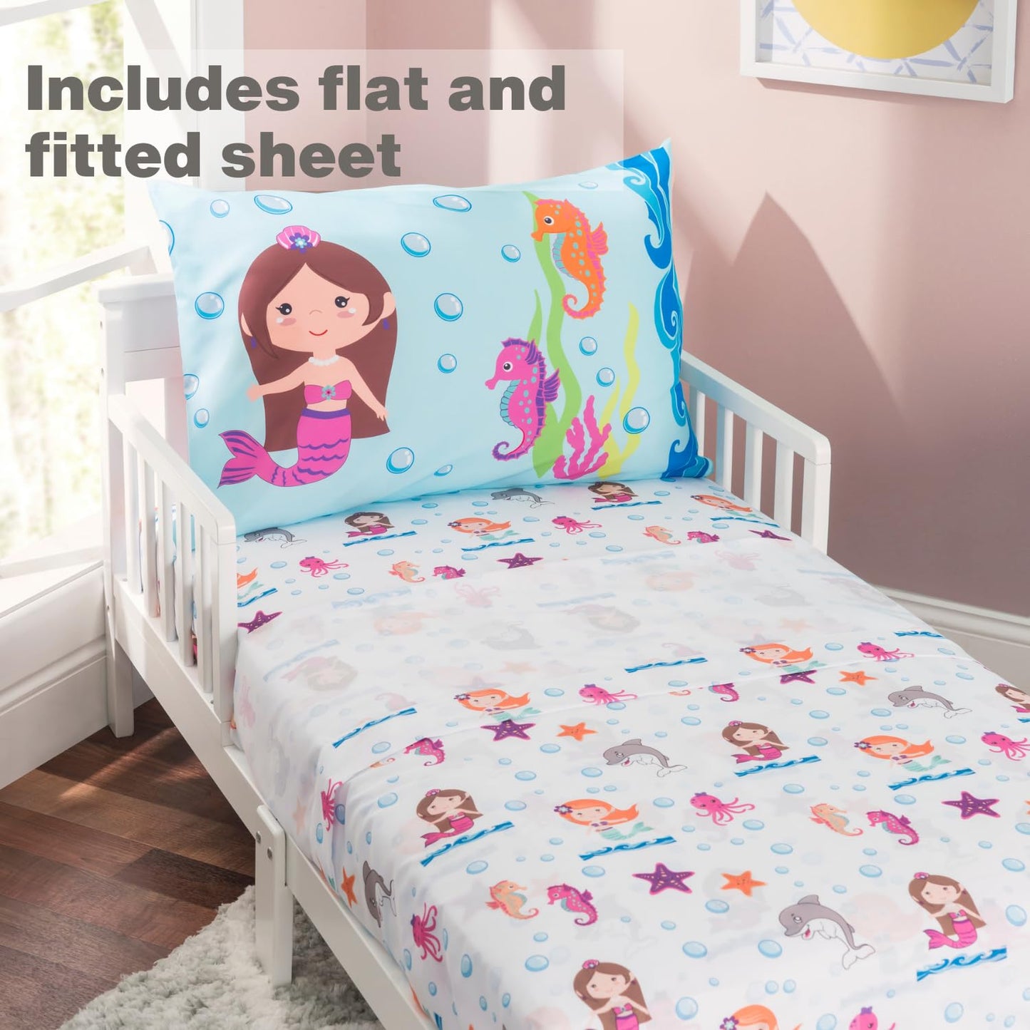 Everyday Kids 4 Piece Toddler Bedding Set -Undersea Mermaids Adventure- Includes Comforter, Flat Sheet, Fitted Sheet And Reversi