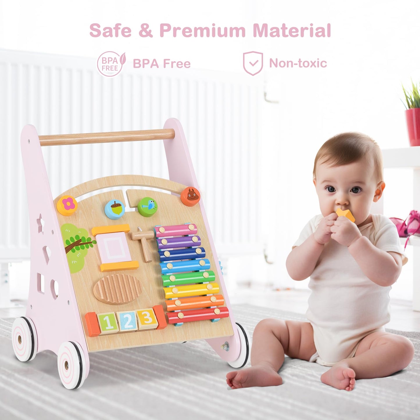 INFANS Wooden Baby Walker, Montessori Walker with Multiple Activity Toys, Storage, Push Walker Toys for Infant Learning to Walk,