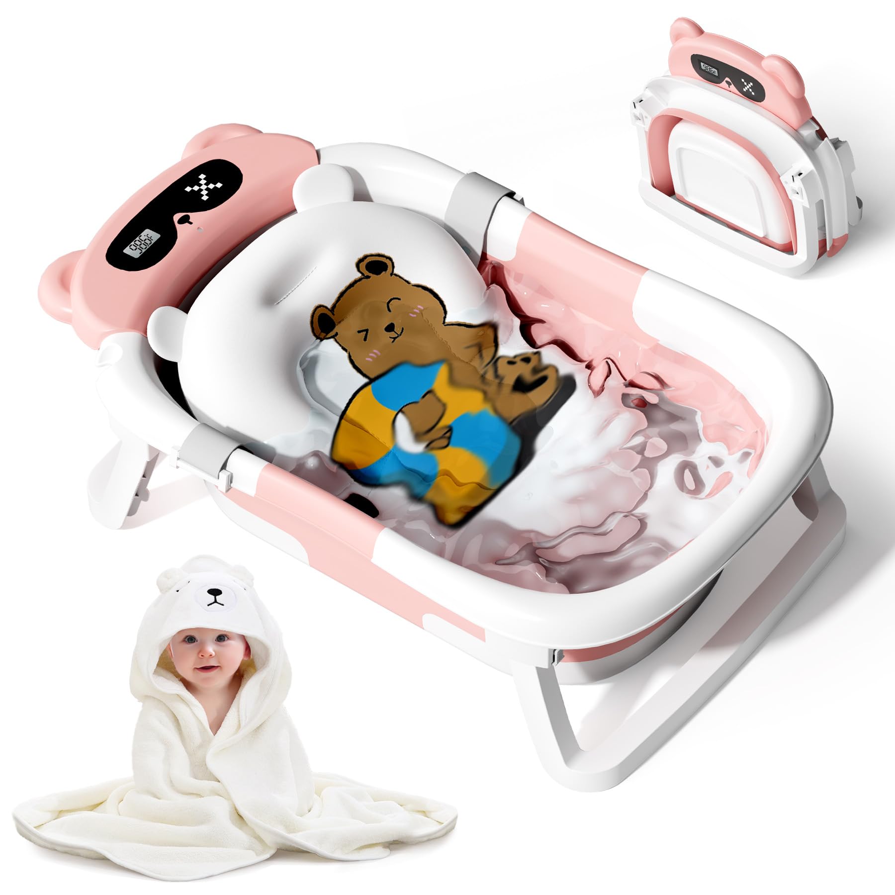 Kerbwry Collapsible Baby Bathtub For Newborn To Toddler (0-18 M) - Portable Baby Tub With Thermometer, Newborn Bathtub With Soft