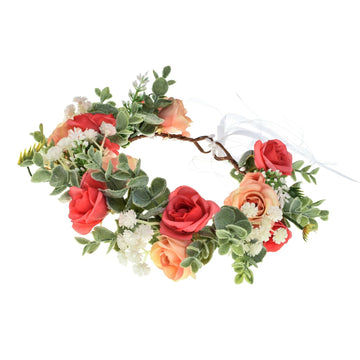 Funsveta Baby Girls Flower Crown Flower Girl Headpiece Boho Little Wreaths For Weddings, Family Photography (Green Leaf And Rose