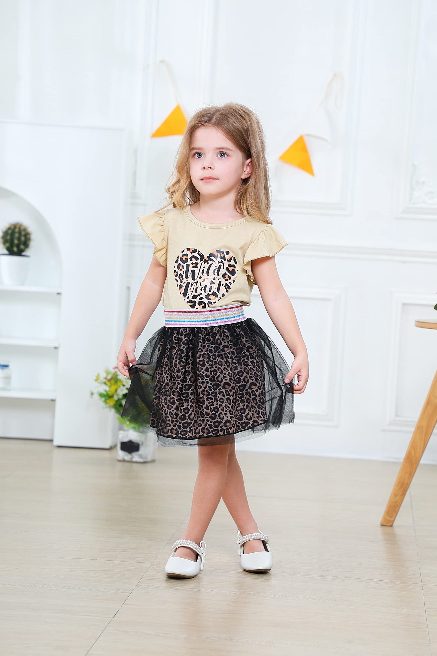 Retsugo Toddler Girl Heart Skirt Set Flutter Sleeve Heart Print Shirt Leopard Dresses Tulle Tutu Dress Kids Valentines Day Outfi