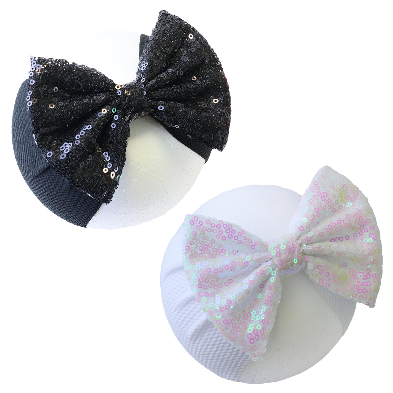 Helykaka Black Sequin Bow Baby Headbands, White Big Bows For Baby Girls Hair Bow Baby Girl Elastic Wide Hairbands For Baby Girls