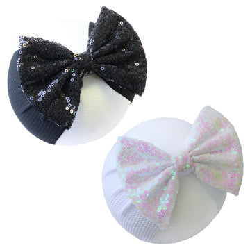 Helykaka Black Sequin Bow Baby Headbands, White Big Bows For Baby Girls Hair Bow Baby Girl Elastic Wide Hairbands For Baby Girls