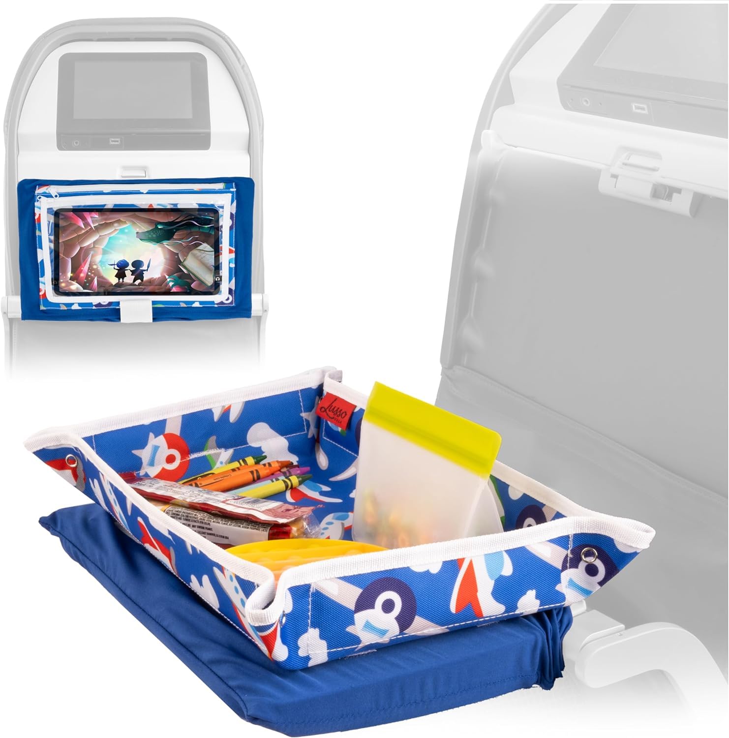 Lusso Gear Airplane Tray Table Cover - Organize Kids Travel Essentials - Snack & Toy Pockets for Airplane Toys for Toddlers 1-3 