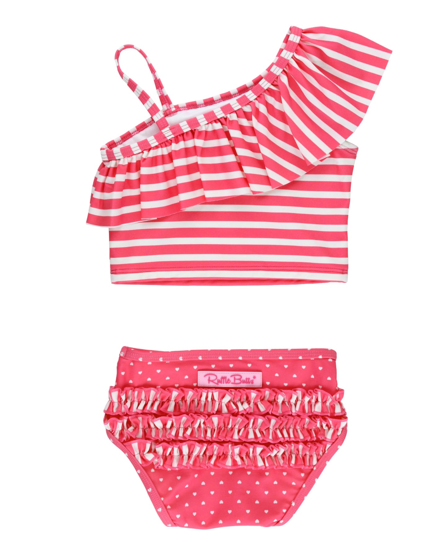 Rufflebutts - Hot Pink Heart One Shoulder Ruffle Tankini - 2T