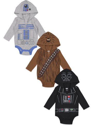 Star Wars Darth Vader R2-D2 Chewbacca Newborn Baby Boys 3 Pack Bodysuits White/Brown/Black 3-6 Months