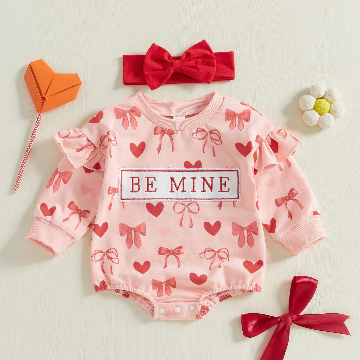 Dcohmch Baby Girl Valentines Day Outfit Long Sleeve Heart Bow Print Romper With Headband Newborn Valentine Clothes (Pink, 0-3 Mo