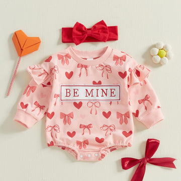 Dcohmch Baby Girl Valentines Day Outfit Long Sleeve Heart Bow Print Romper With Headband Newborn Valentine Clothes (Pink, 3-6 Mo
