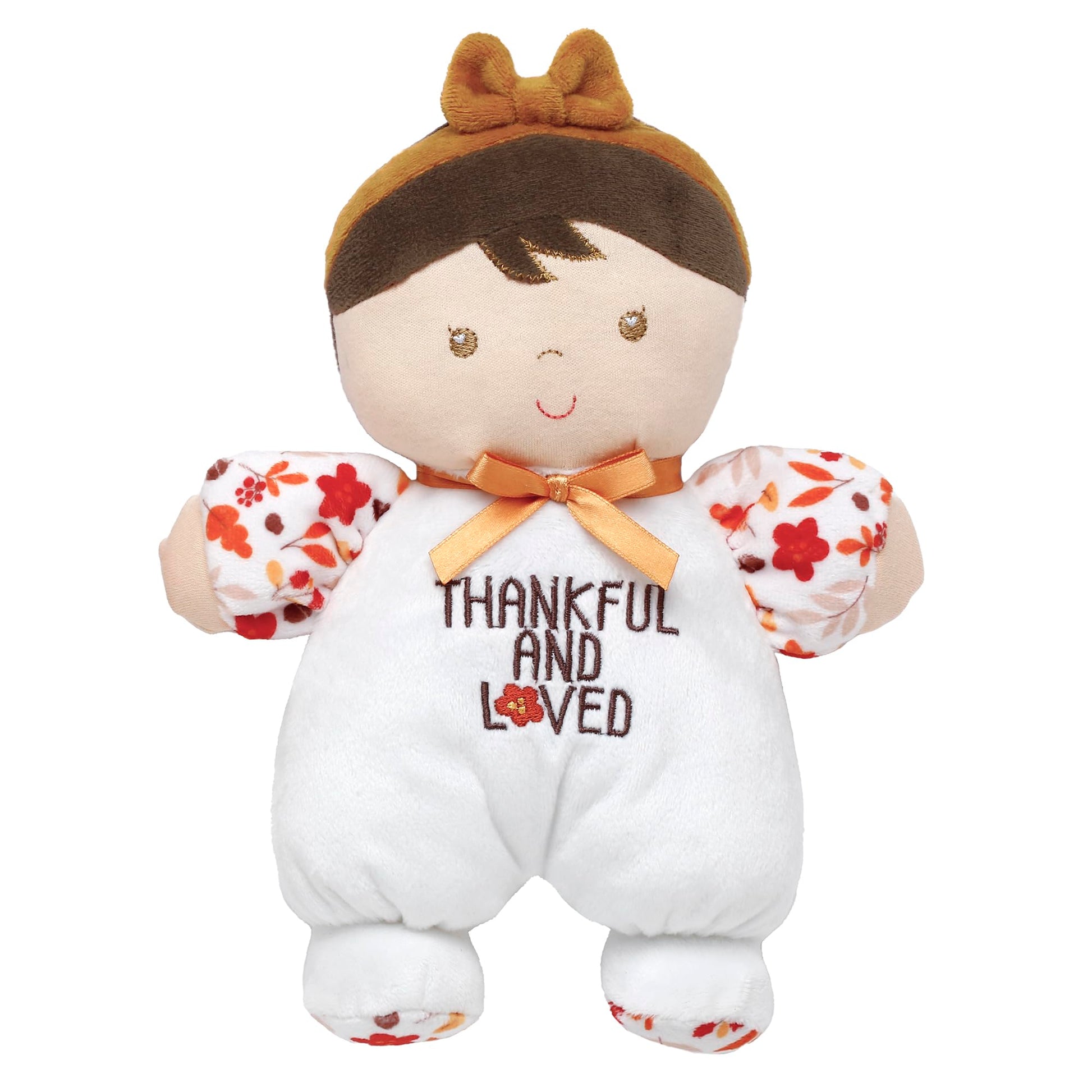 Plush Baby Doll with Rattle, Hannah with Thankful and Loved Embroidery (Ivory, 9 inch) Thanksgiving