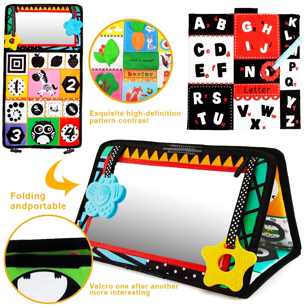 beetoy Tummy Time Baby Mirror Toys with Black and White Pattern, High Contrast 3D Activity Play Crinkle Toys Baby Mirror for New